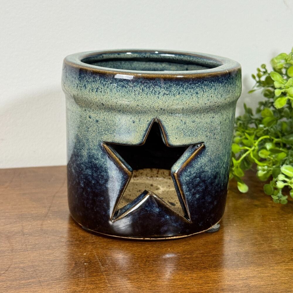 Blue Pottery Star Cutout Candle Holder Tealight Votive Rustic Primitive Decor